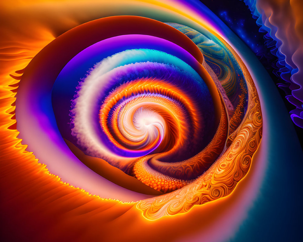 Colorful digital fractal spiral with intricate swirling patterns in fiery tones.