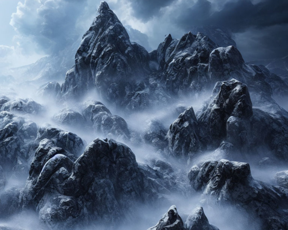 Rugged Mountains in Misty Cloudy Sky