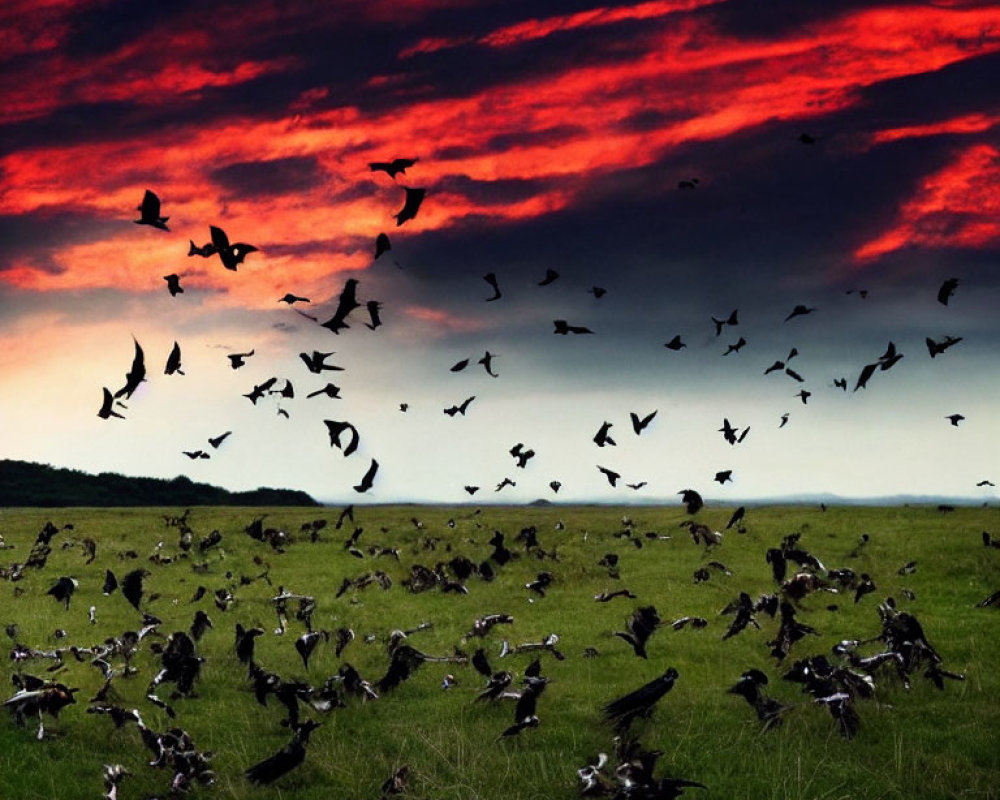 Flock of Birds Flying at Dusk Against Red and Blue Sunset Sky