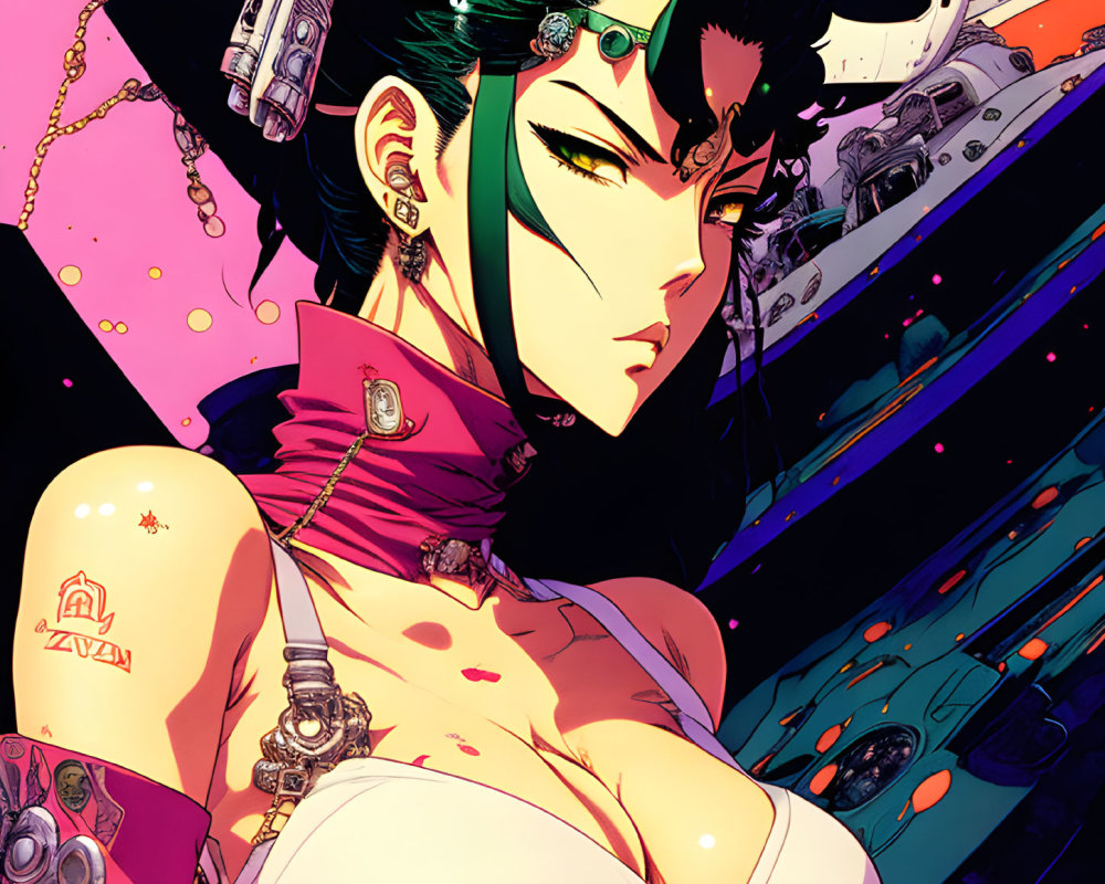 Vibrant anime illustration: female character with green hair in futuristic outfit on cosmic backdrop.