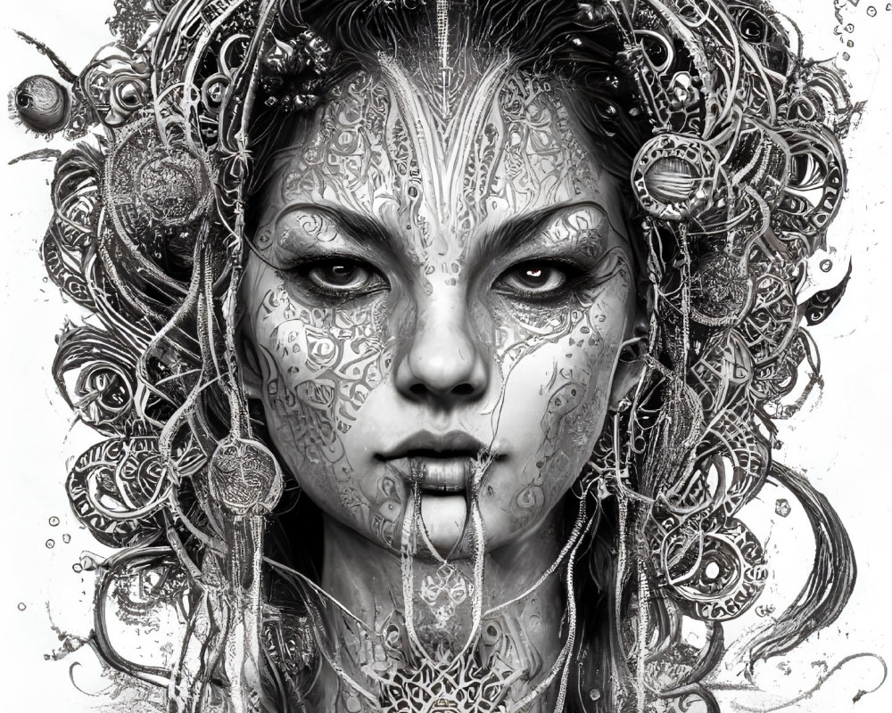 Detailed black & white illustration of woman with tribal face patterns & ornate hair jewelry.