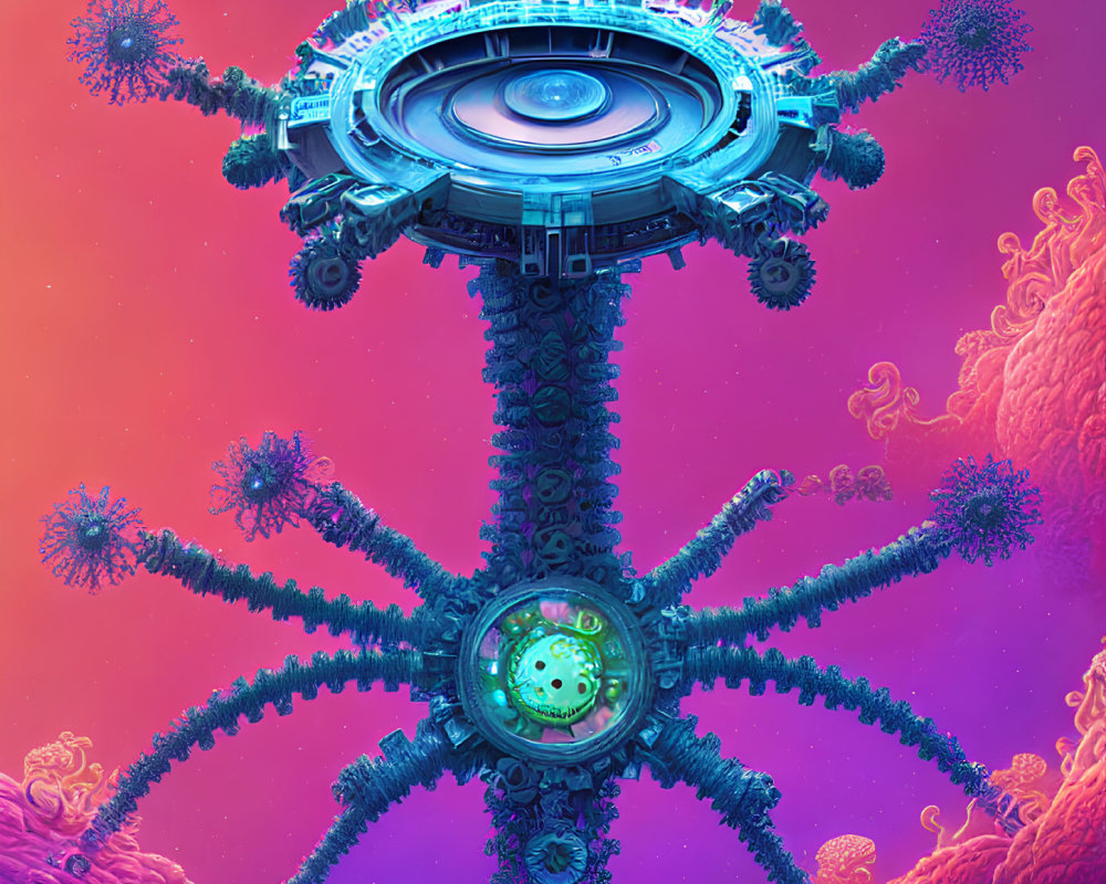 Colorful alien structure with tentacle-like appendages in vibrant, otherworldly landscape