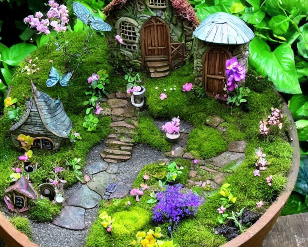 Miniature fairy garden with house, pathway, butterflies, and lush greenery