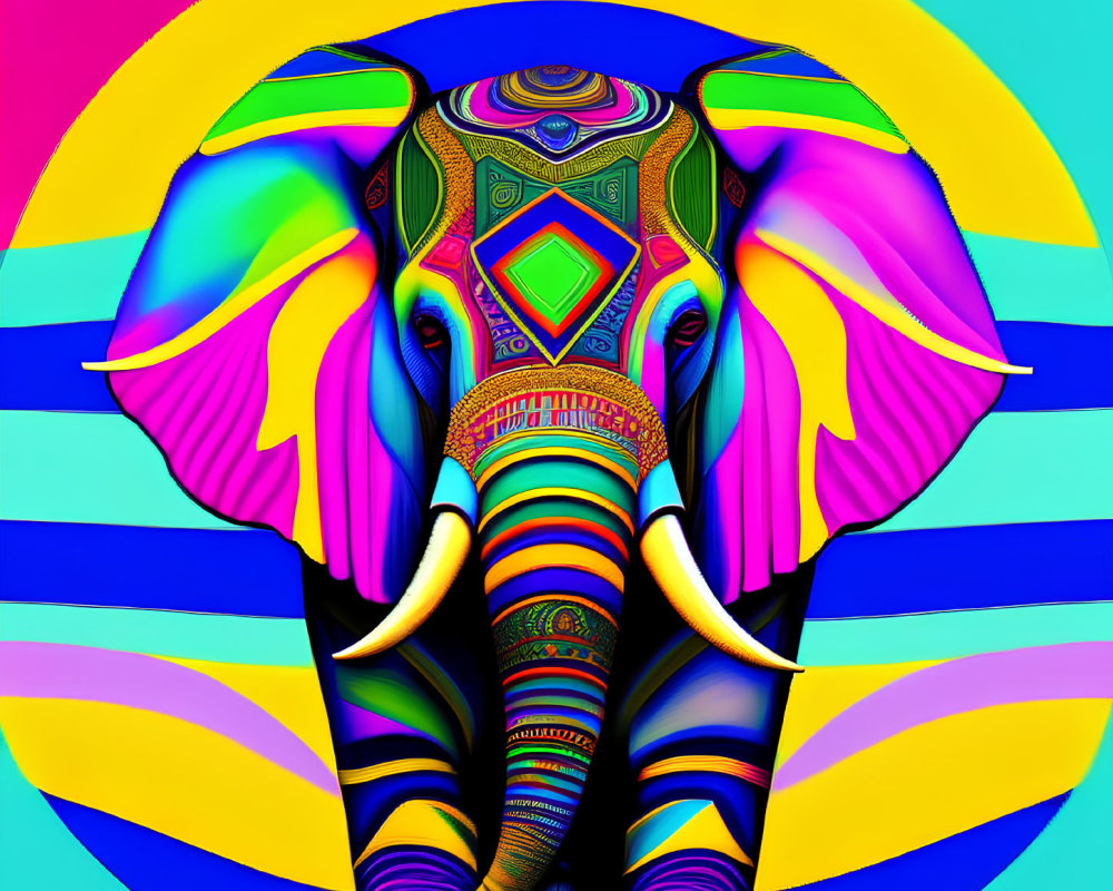 Colorful Psychedelic Elephant Art with Striped Background and Sun Halo