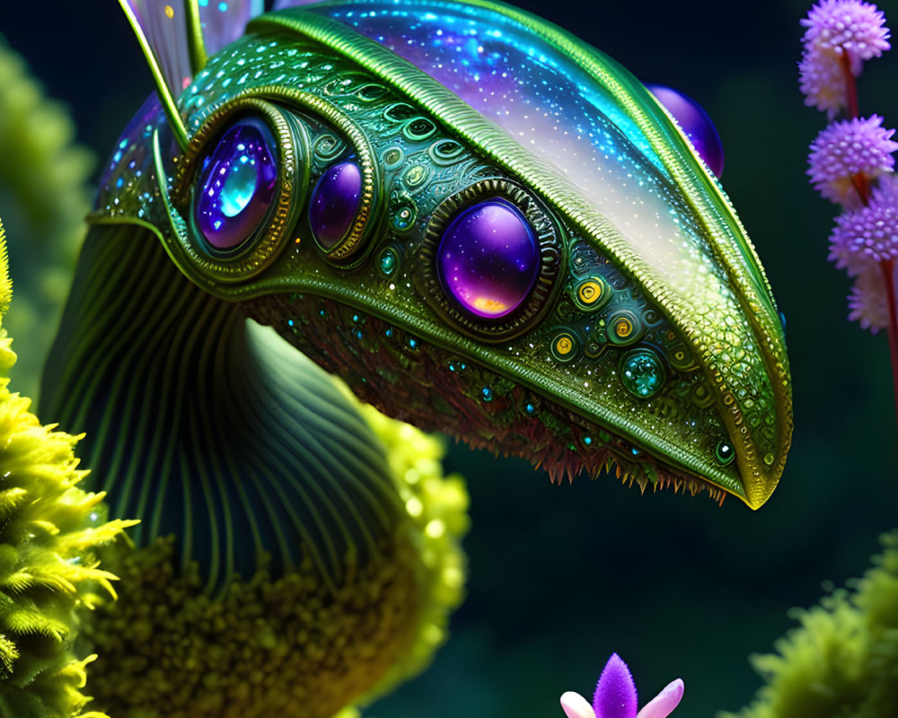 Colorful fantastical creature with luminescent eyes in neon-lit underwater scene