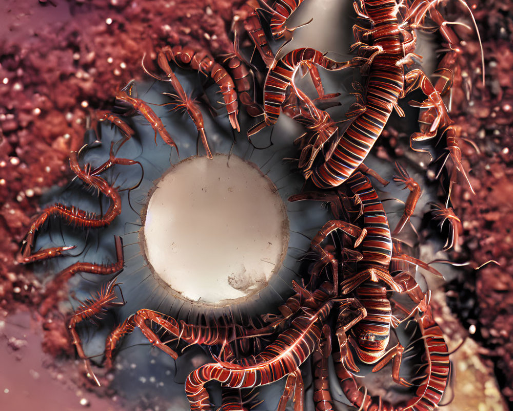 Detailed 3D illustration: Centipedes encircling white sphere on warm backdrop