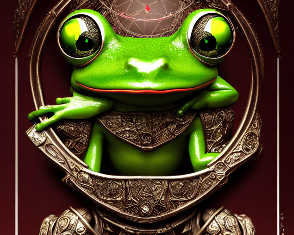 Colorful Cartoon Frog in Ornate Armor on Maroon Background