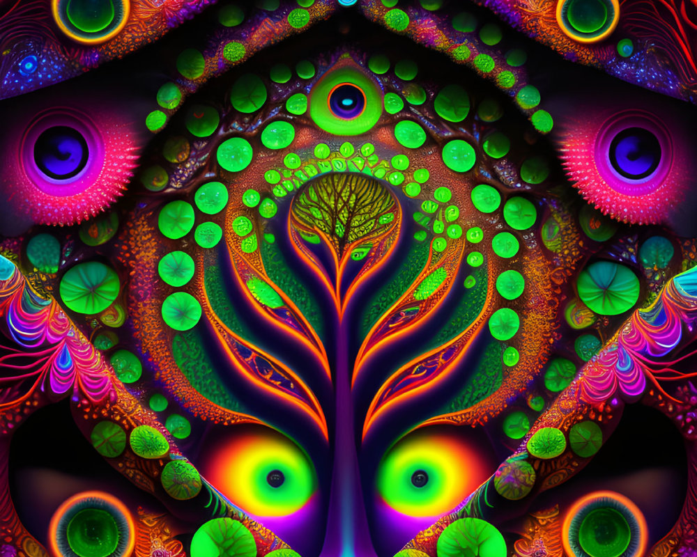 Colorful Fractal Art with Symmetrical Patterns of Eyes and Trees