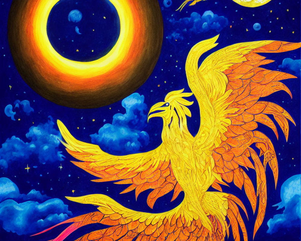 Colorful Phoenix Flying Amid Eclipse and Comet in Starry Sky