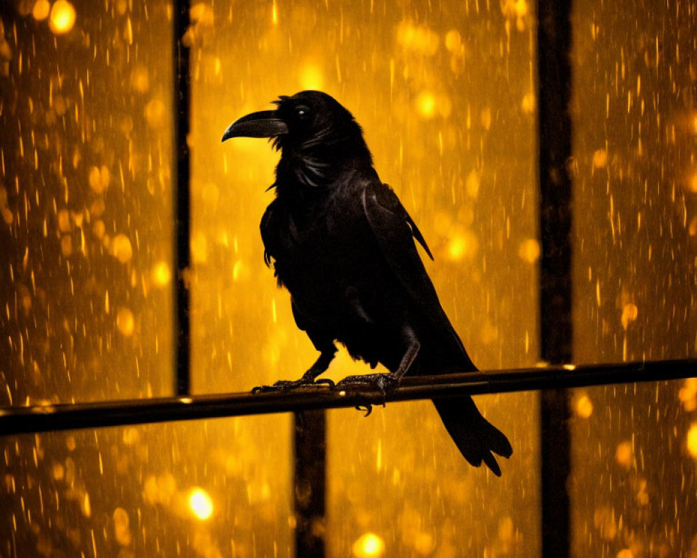 Raven perched on wire in golden light with falling snowflakes