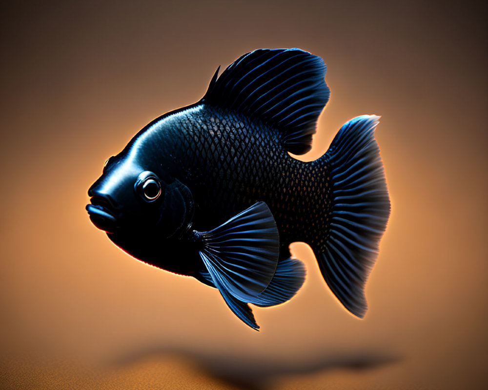 Black fish with delicate fins on gradient orange background.