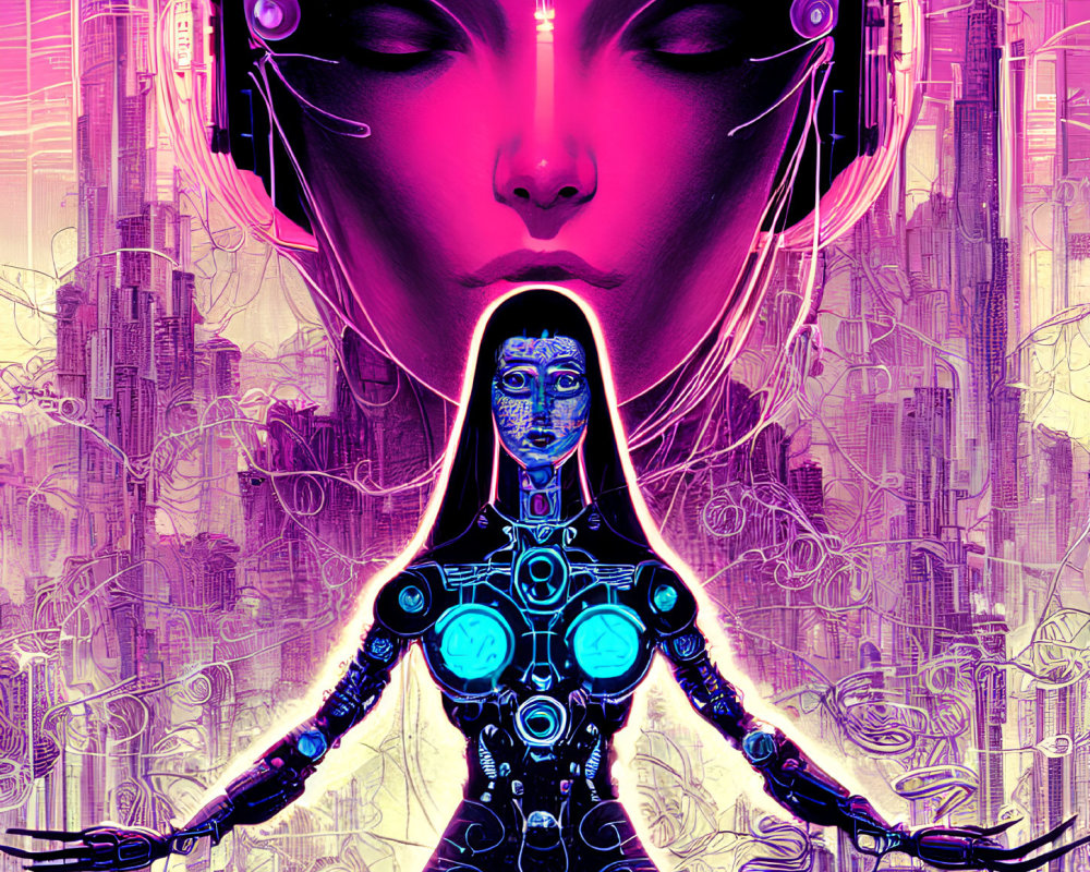 Colorful Female Cyborg Illustration in Futuristic Cityscape, Pink & Purple Palette