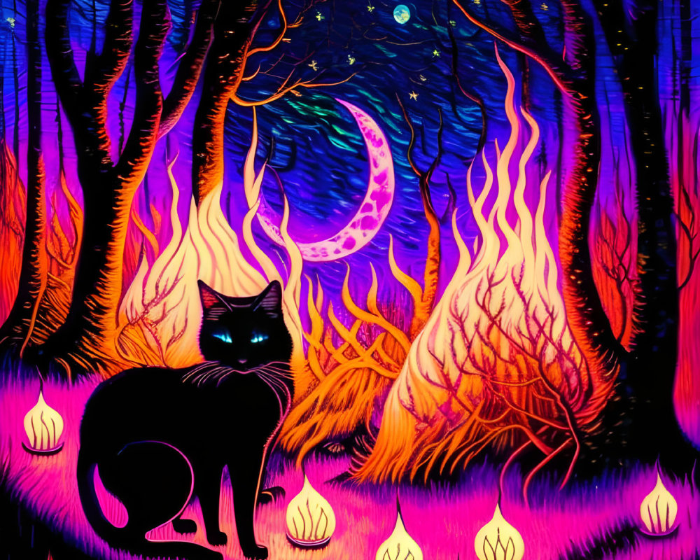 Detailed artwork of black cat in mystical forest with fiery trees, glowing flowers, crescent moon