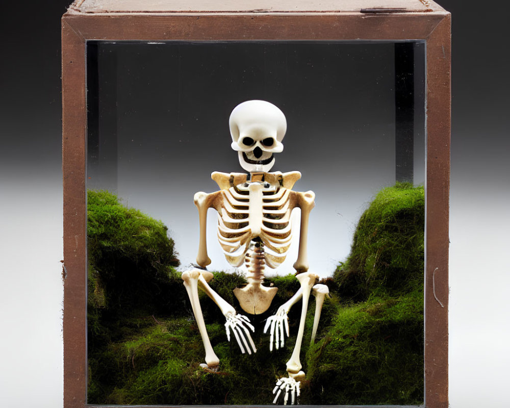 Skeleton in glass box with green moss: A detailed description