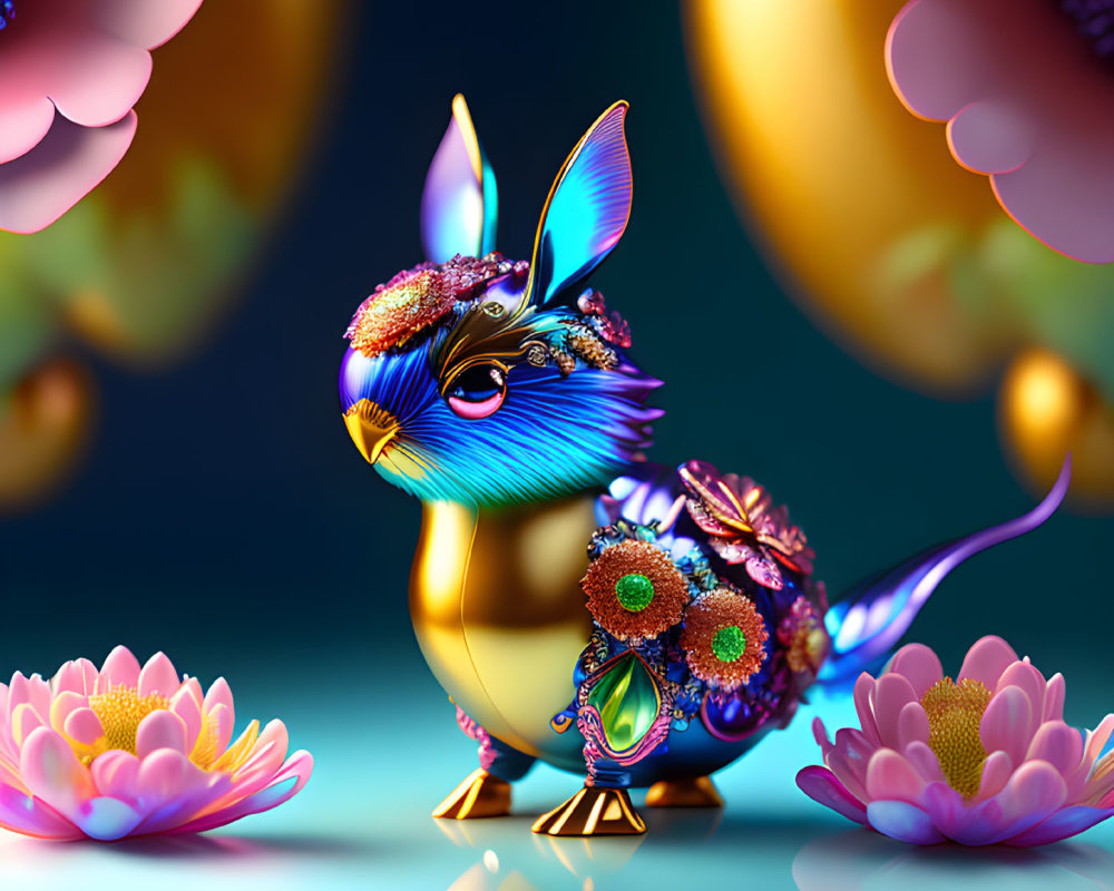 Colorful Fantastical Rabbit Artwork with Floral Motifs and Floating Elements