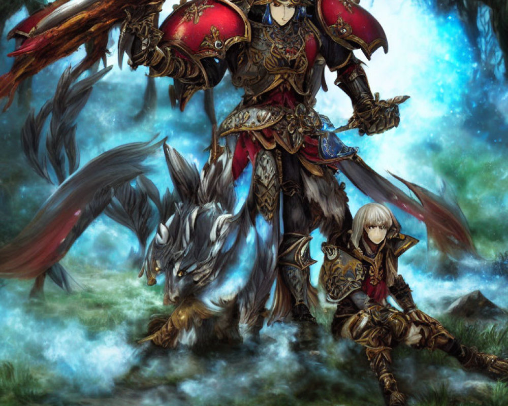 Armored warrior with red shield and wolf companion in mystical forest.