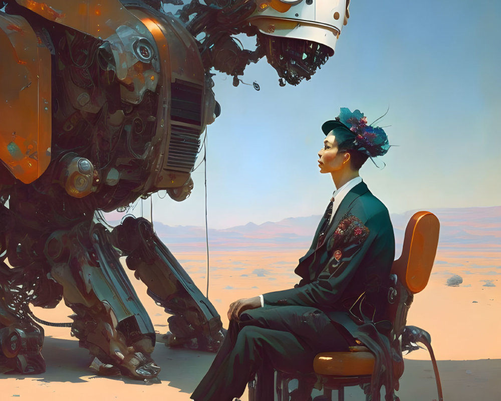 Person in suit with floral headpiece meets intricate robot in desert landscape