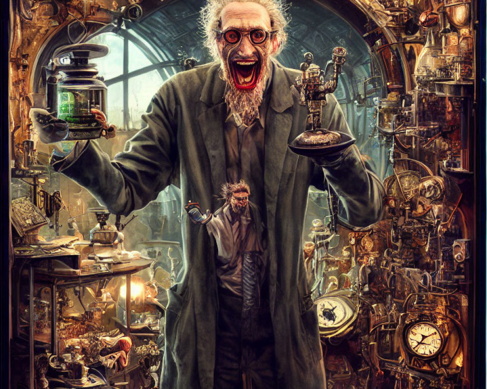 Eccentric steampunk laboratory with excited scientist