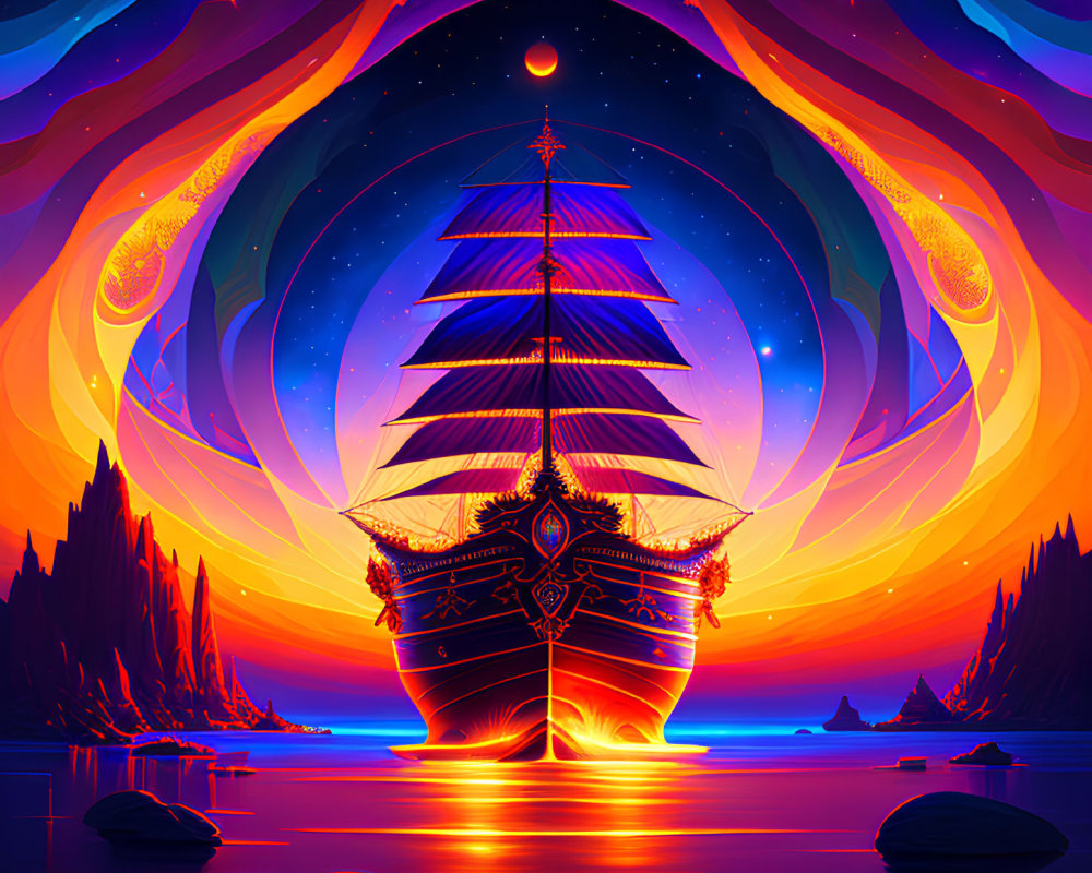 Colorful sailboat digital art on surreal sea with cosmic sky