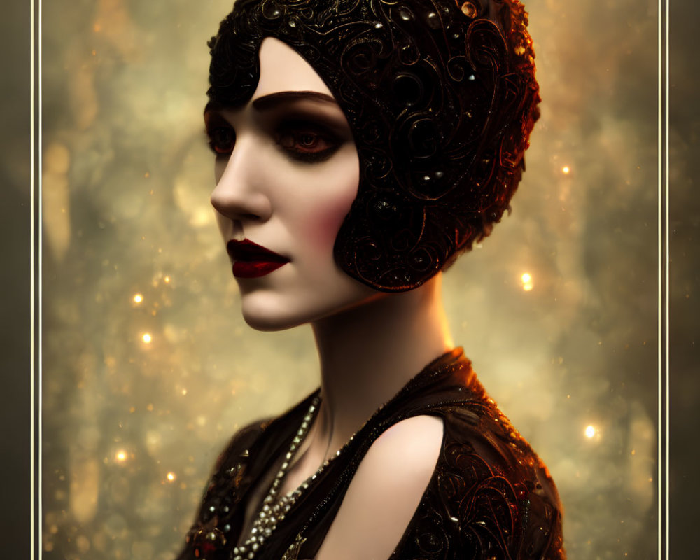 Vintage Portrait of Woman with Bob Haircut and Beaded Cap on Golden Bokeh Background