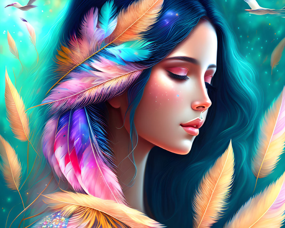 Colorful illustration of woman with blue hair and feathers, birds in background