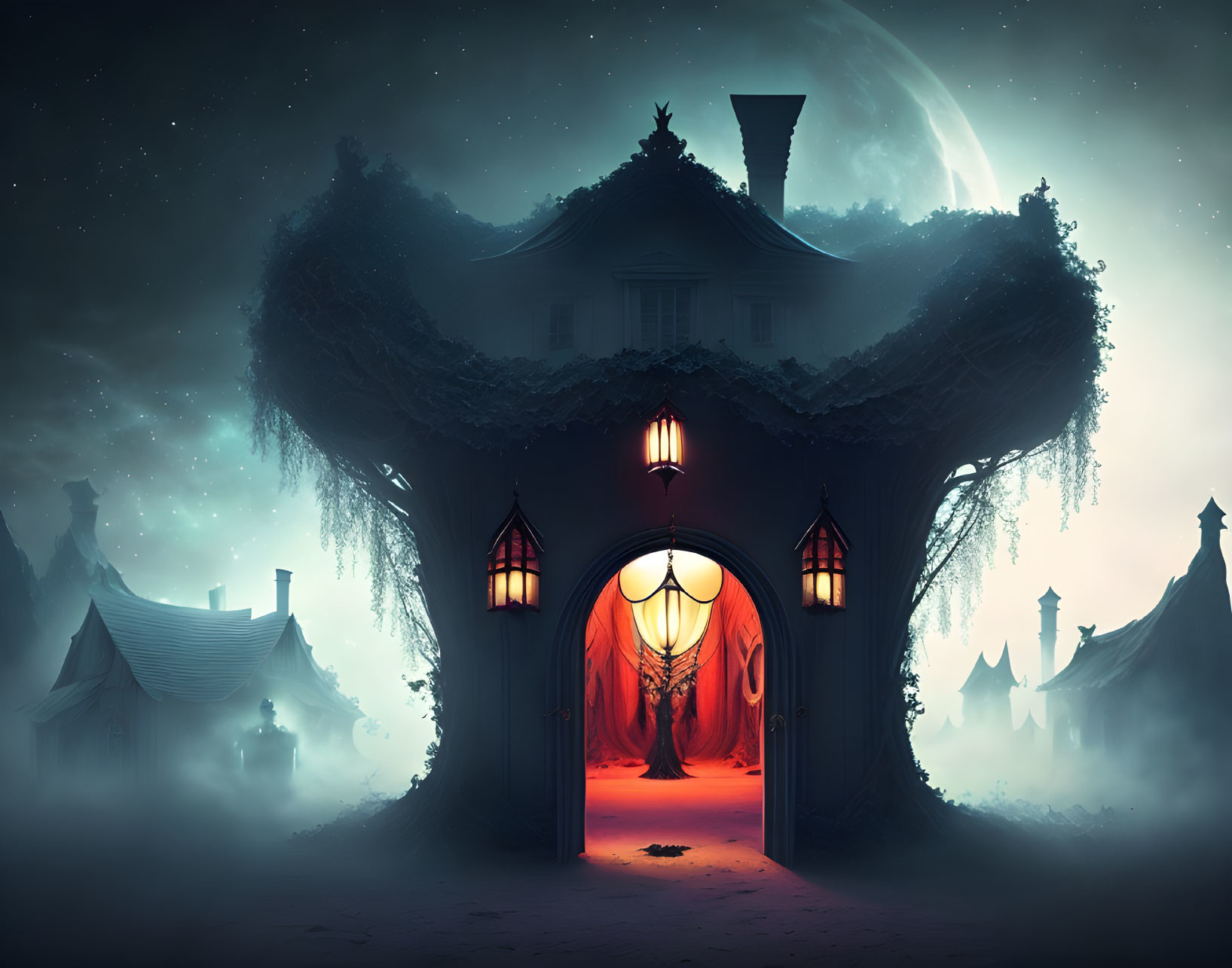 Mystical house with red curtains under starry sky and full moon