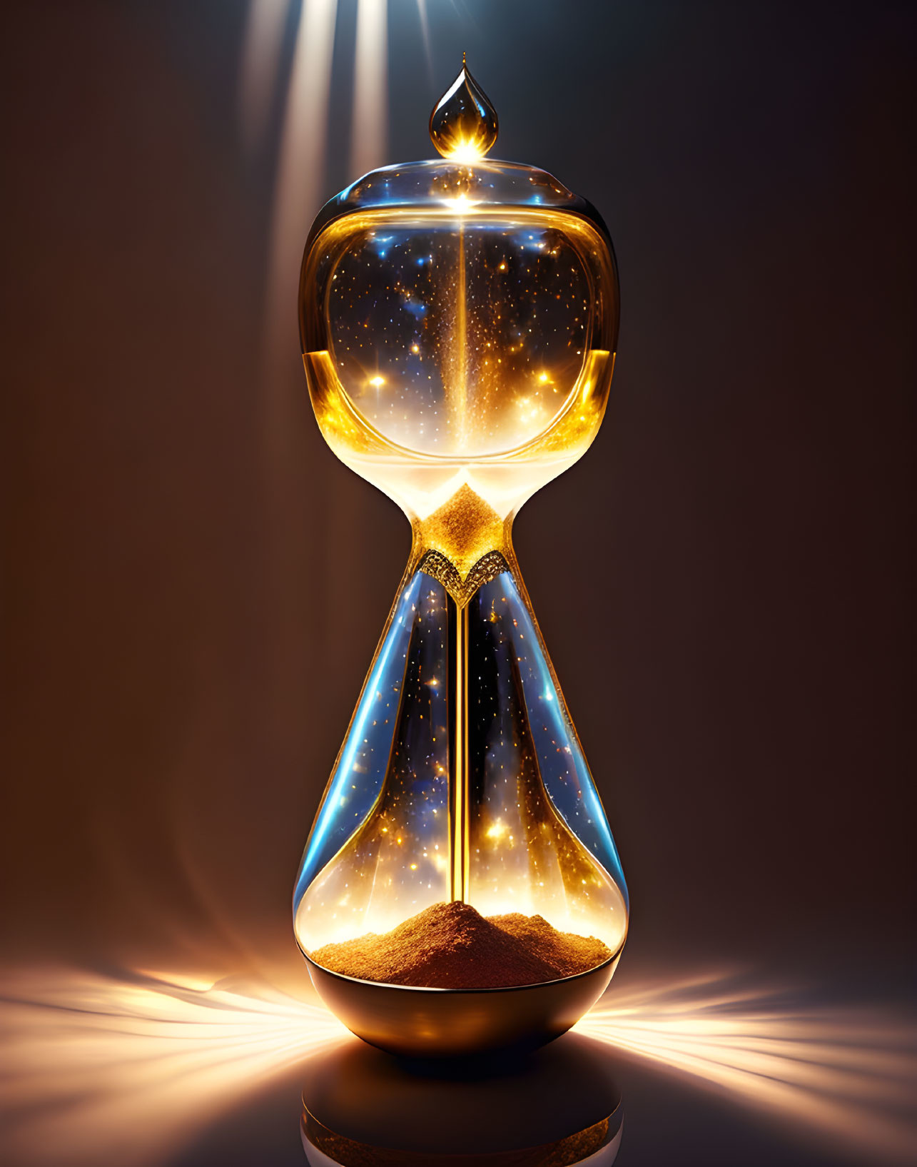 Glowing hourglass with star-filled sand on dark background