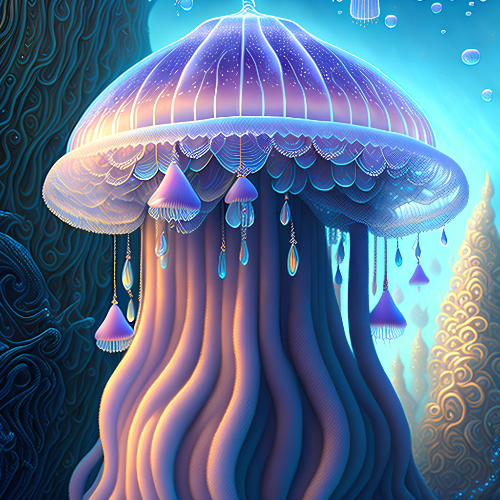 Colorful Fantastical Jellyfish Illustration in Deep Ocean Scene