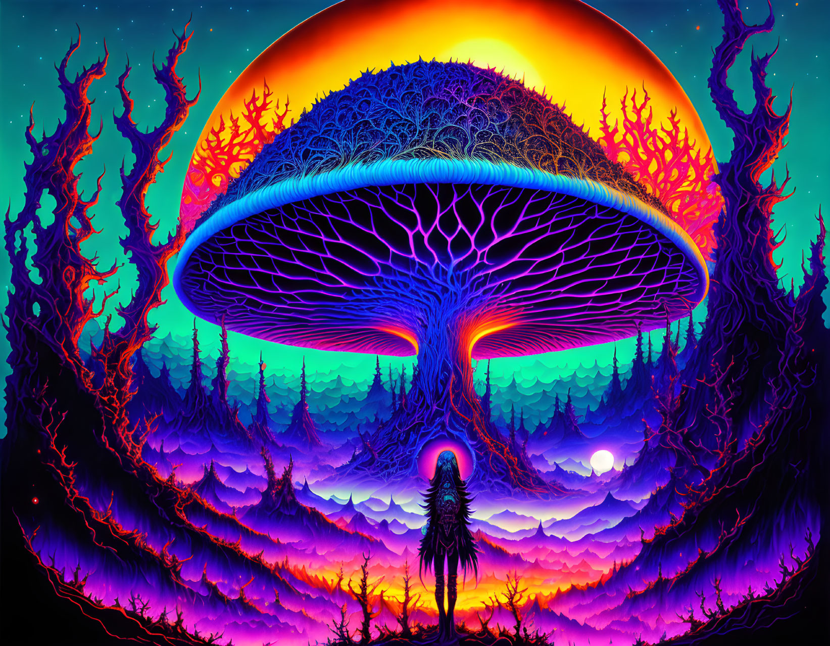 Colorful psychedelic artwork: Giant mushroom over mystical forest