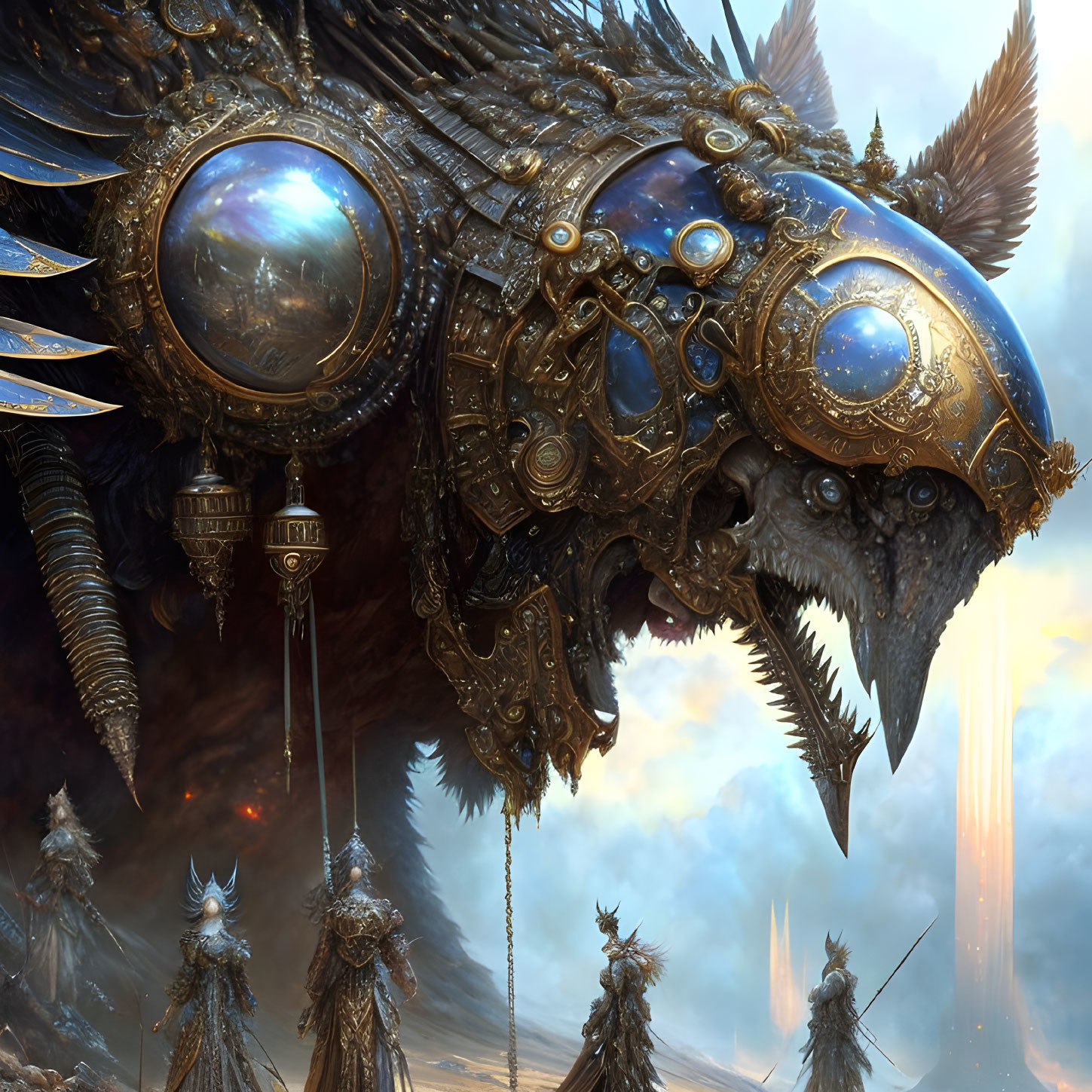 Steampunk-style mechanical owl with glowing eyes above armored figures