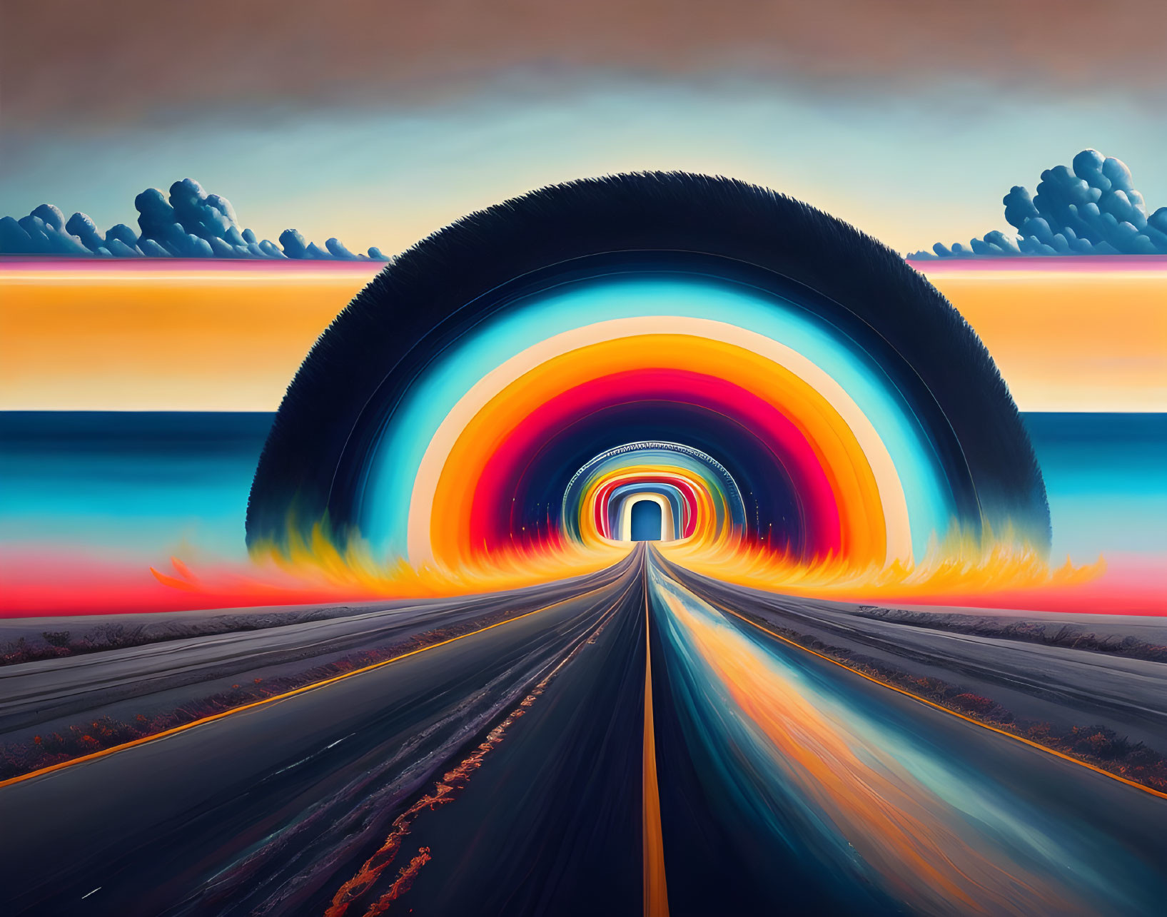 Surreal landscape with road to vibrant circle portal under orange-hued sky