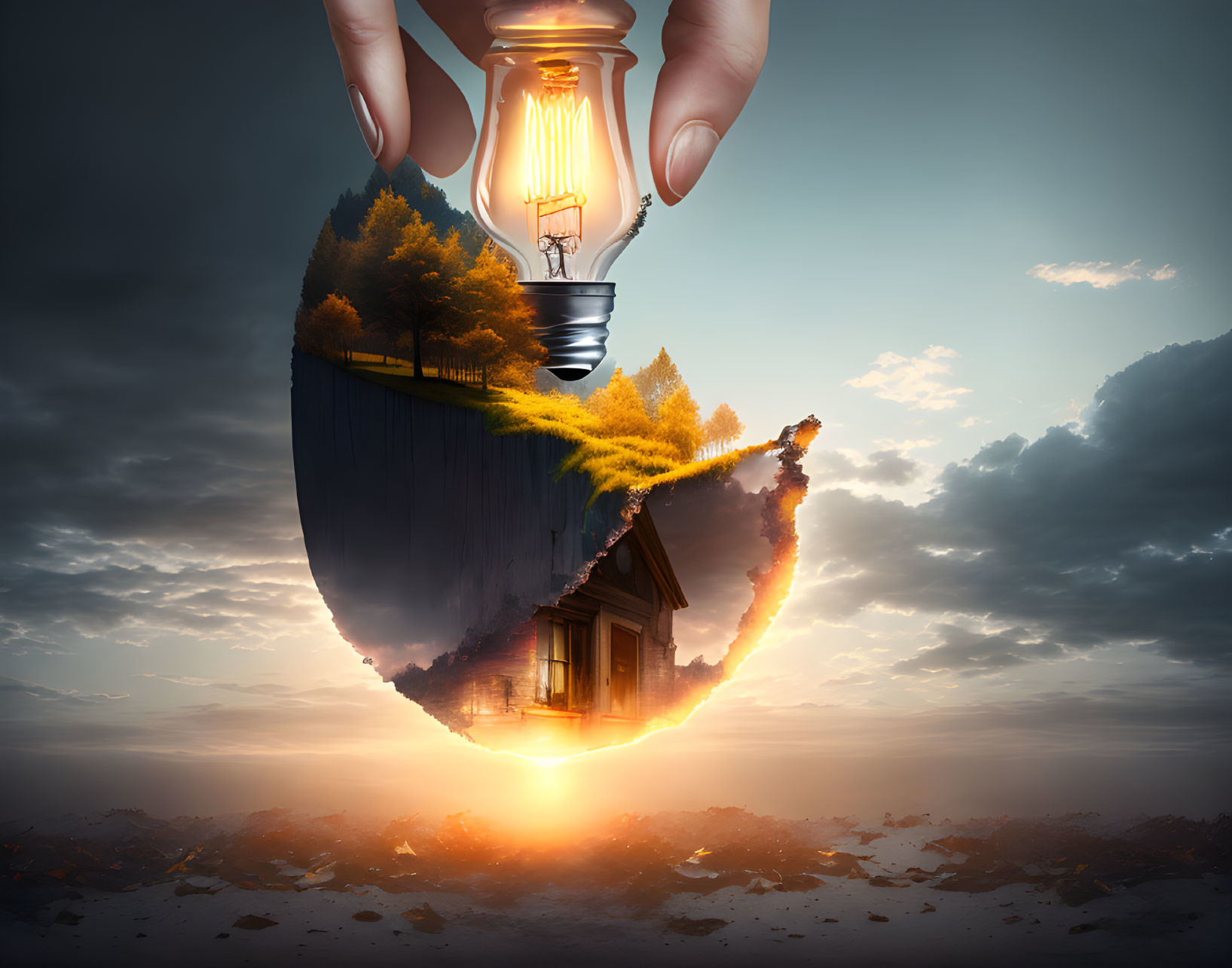 Conceptual image: Hand holding lit bulb over fragmented day-night landscape with central house