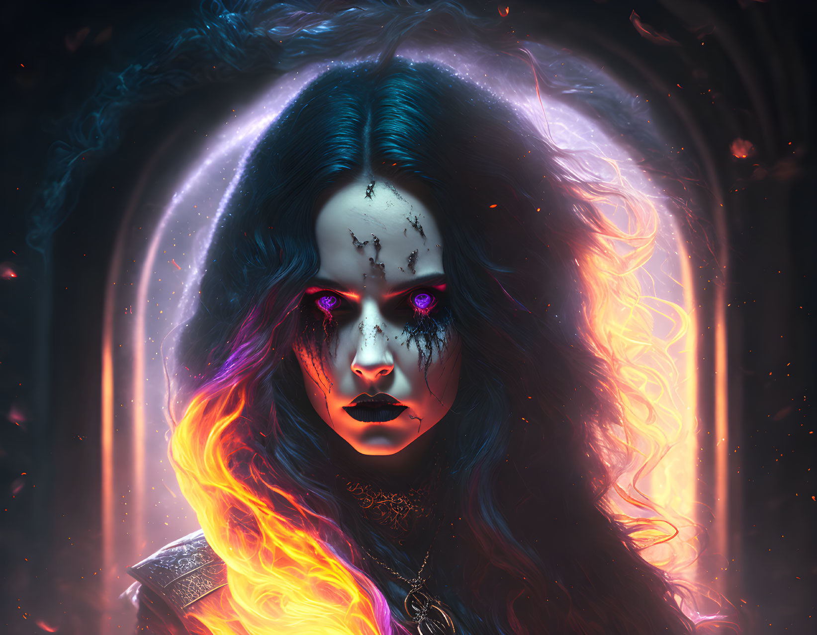 Dark fantasy character with glowing red eyes in fiery and electric blue hues