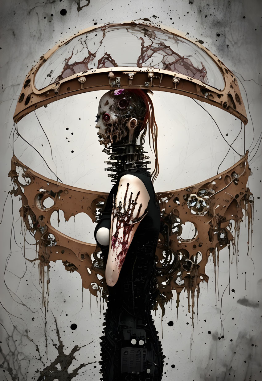 Surreal humanoid robotic figure with exposed skull in abstract backdrop