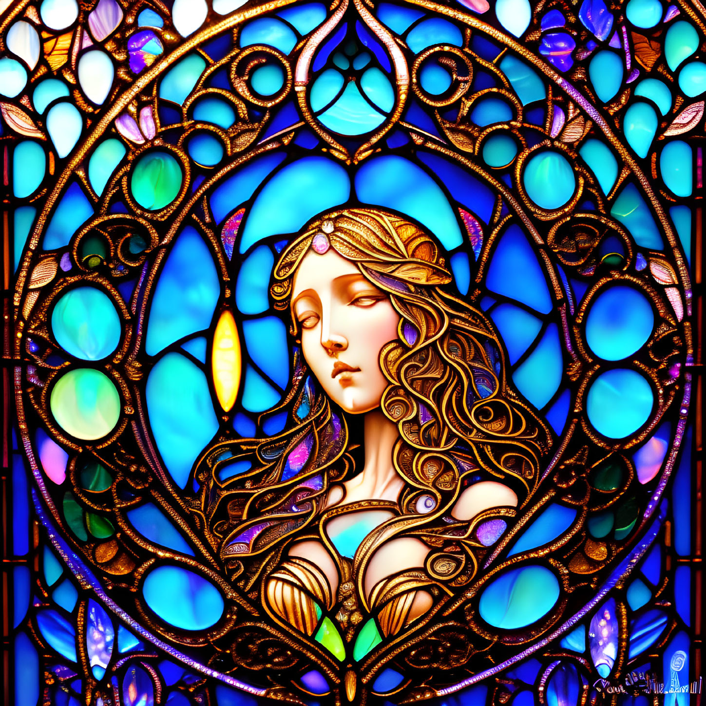 Colorful Art Nouveau Style Woman Stained Glass Window on Blue Background