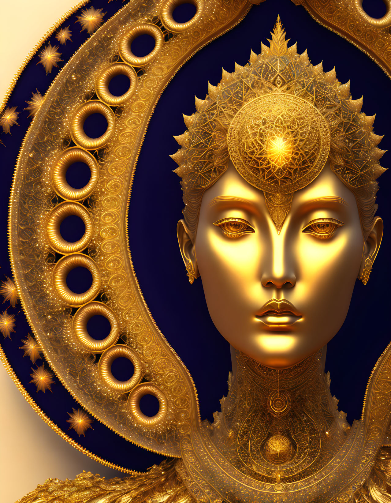 Golden 3D Deity Artwork with Elaborate Halo on Blue Background