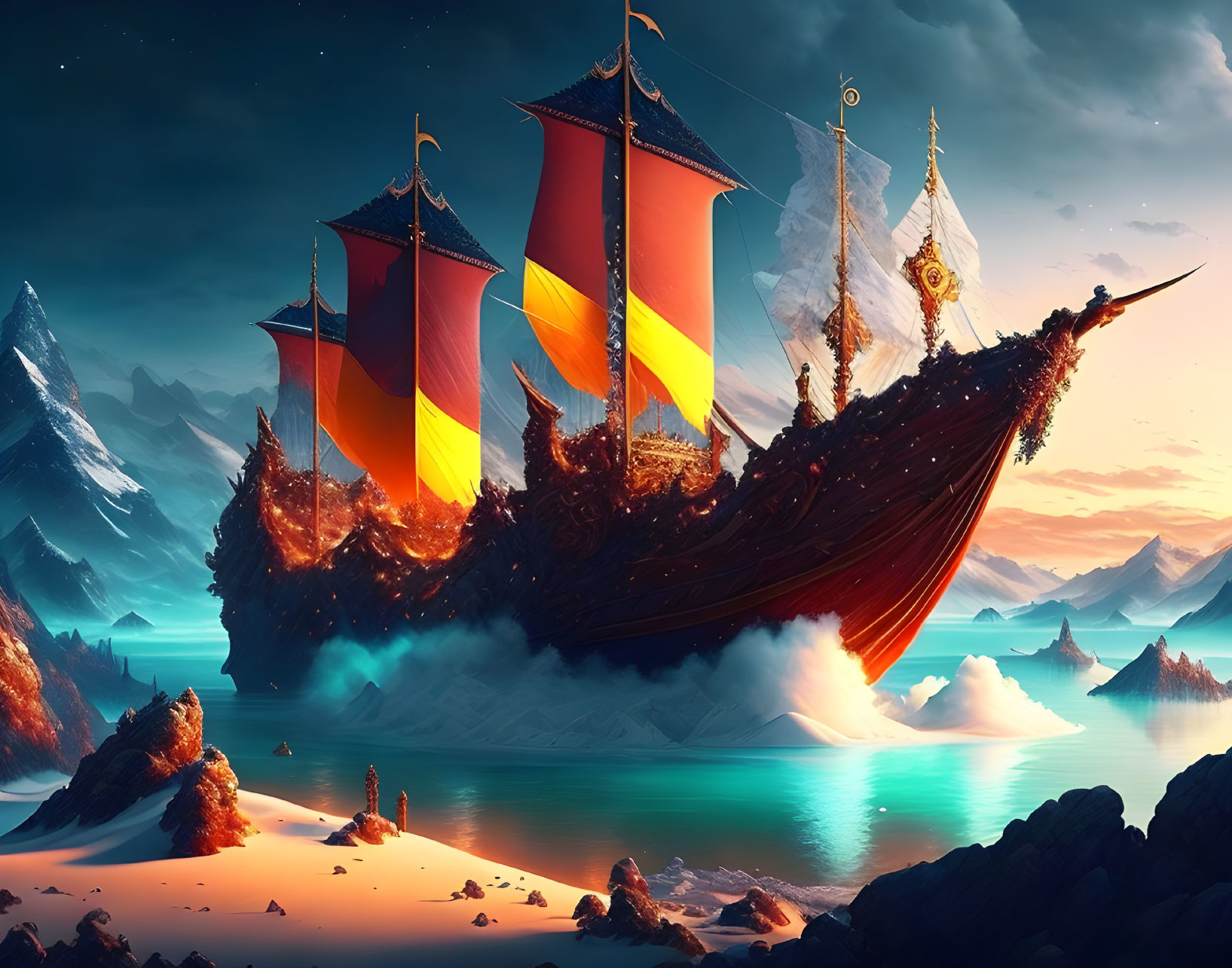 Fantastical twilight scene: large ships with red and gold sails in calm bay.