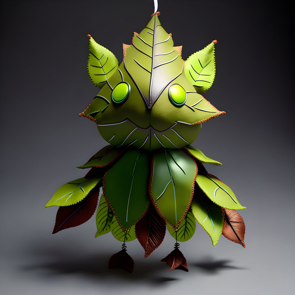 Leafy creature with green eyes and layered leaves in shades of green and brown