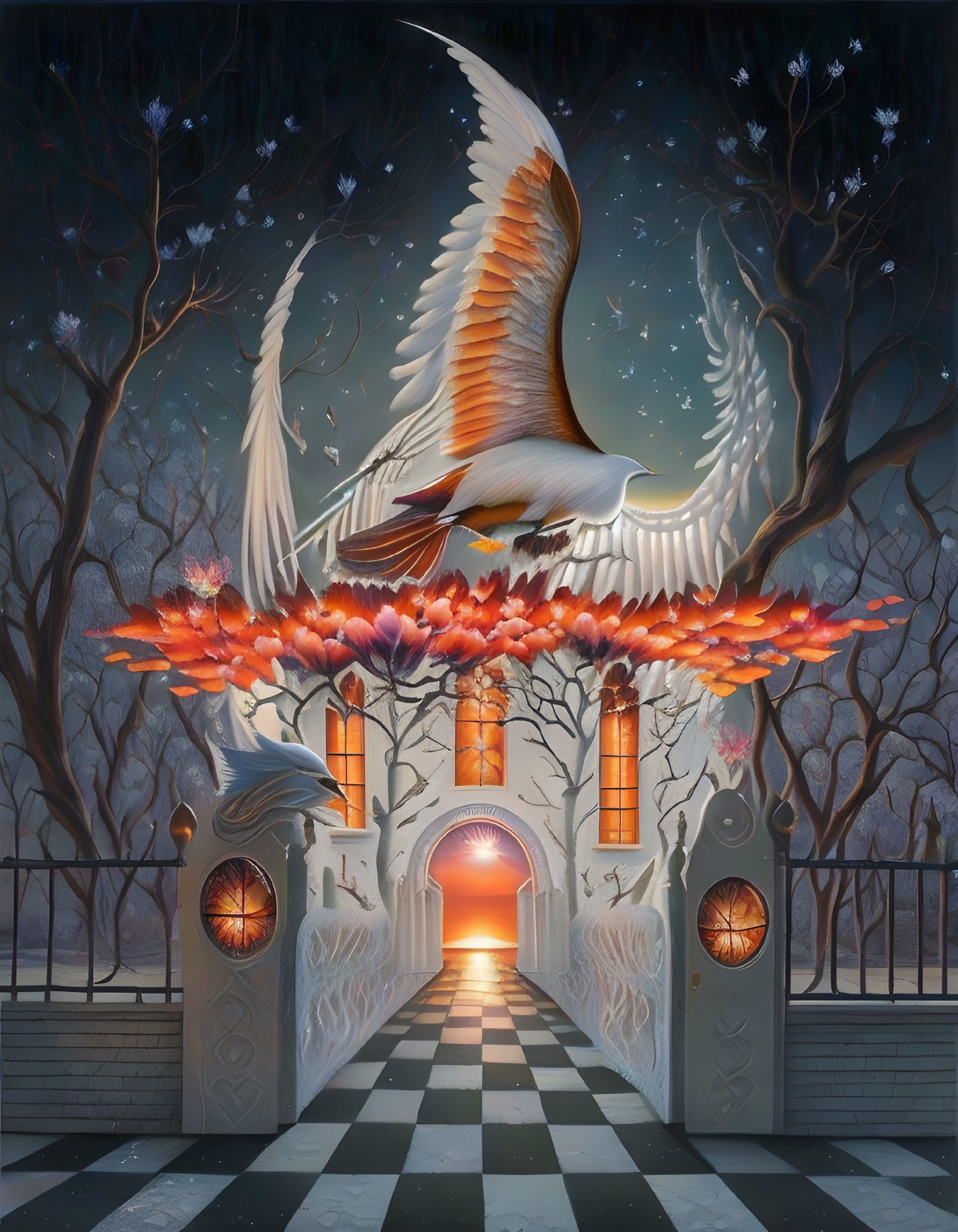 Majestic bird with fiery wings flying over surreal pathway and glowing archway