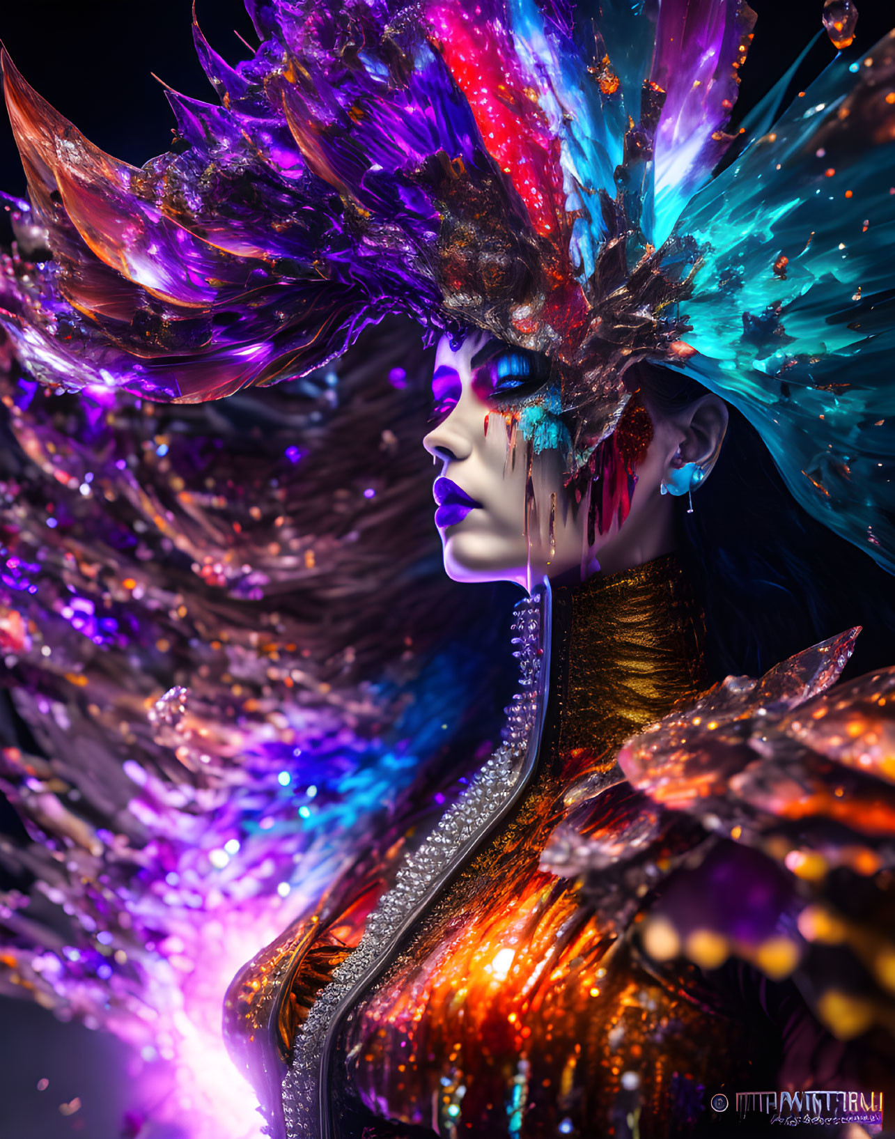 Colorful headdress and vibrant makeup on person against dark background