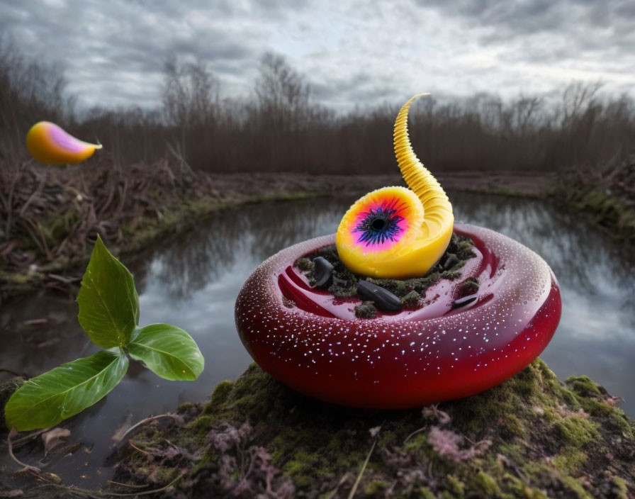 Colorful Doughnut-Shaped Creature with Eye and Horn in Moody Landscape