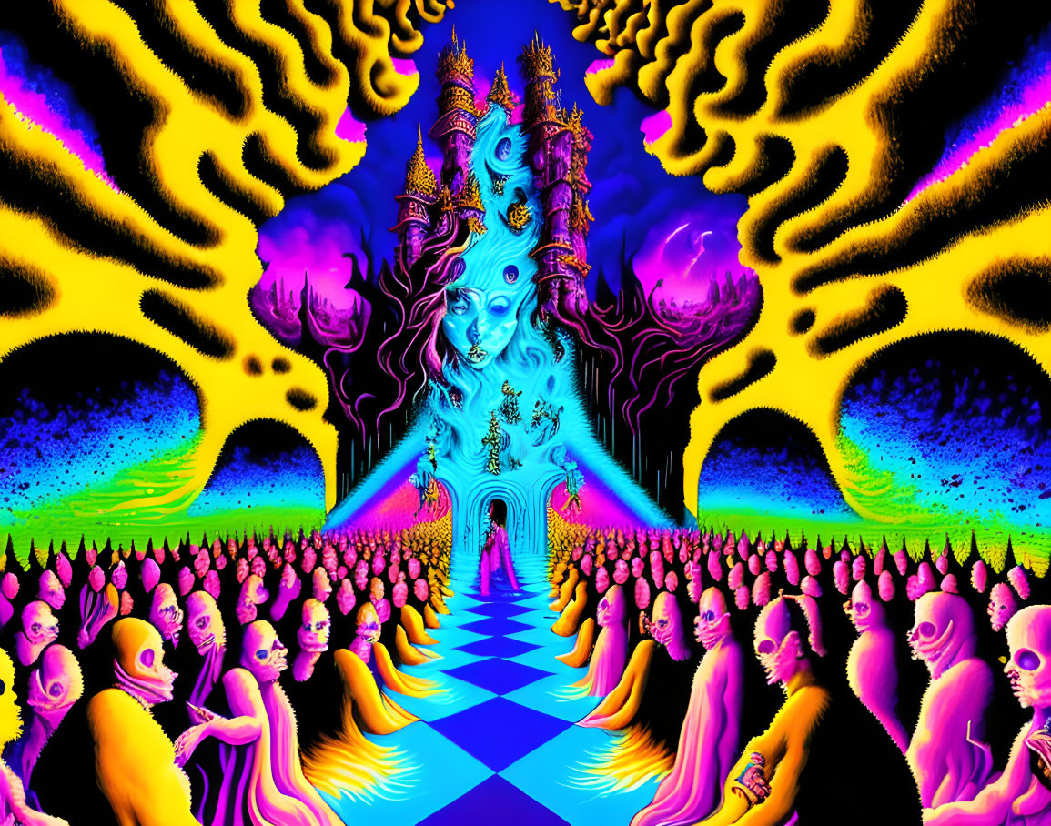 Colorful Psychedelic Artwork: Blue Face, Yellow Figures, Architectural Elements