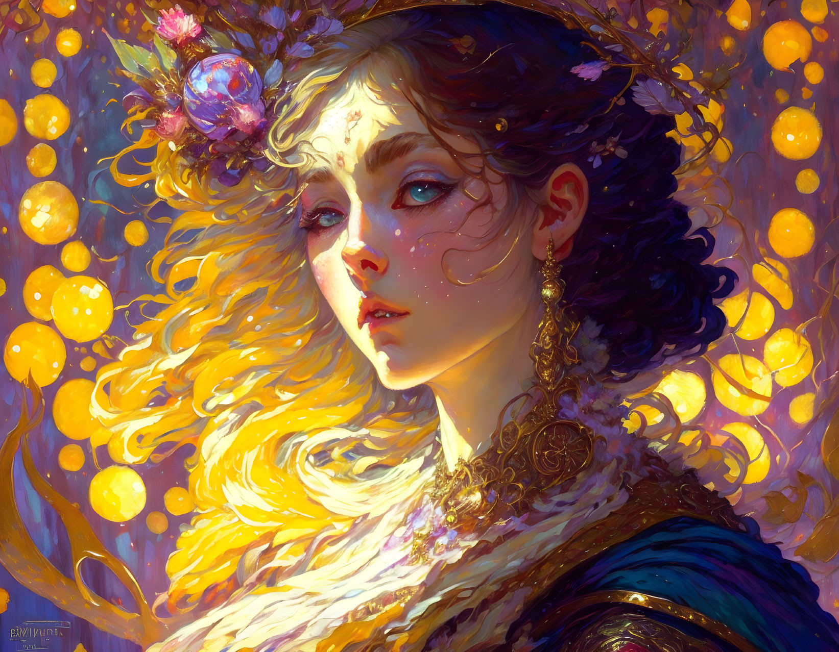 Ethereal portrait of woman with floral crown and golden jewelry