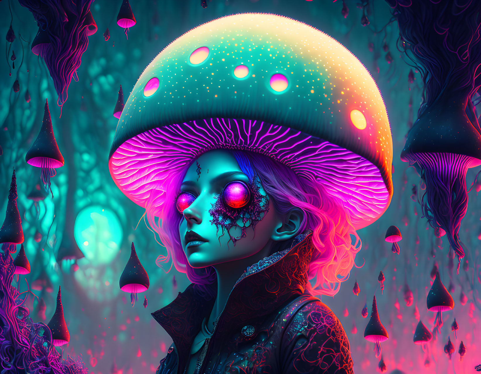 Colorful artwork: Glowing mushroom-headed figure in neon-lit forest