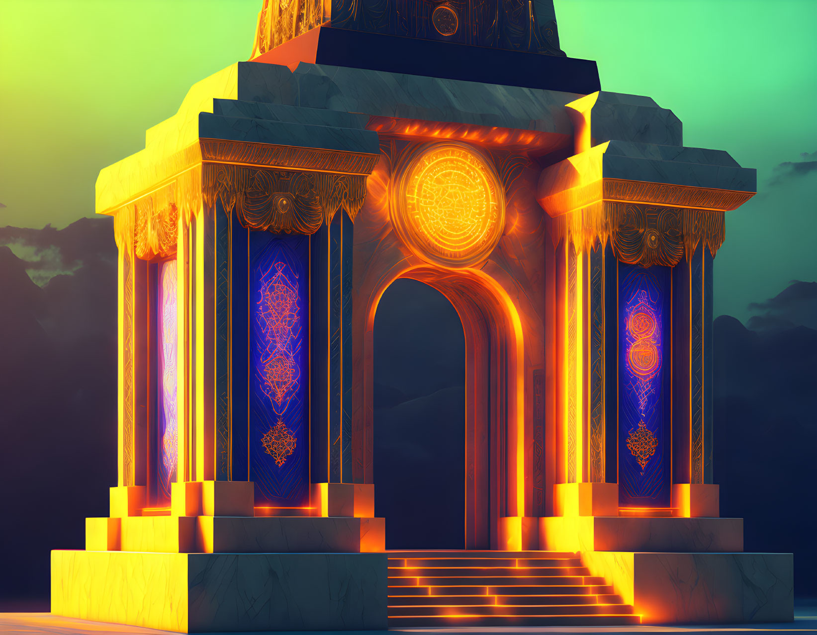 Vibrant digital art: Ornate temple in golden and blue tones, set against sunset-lit