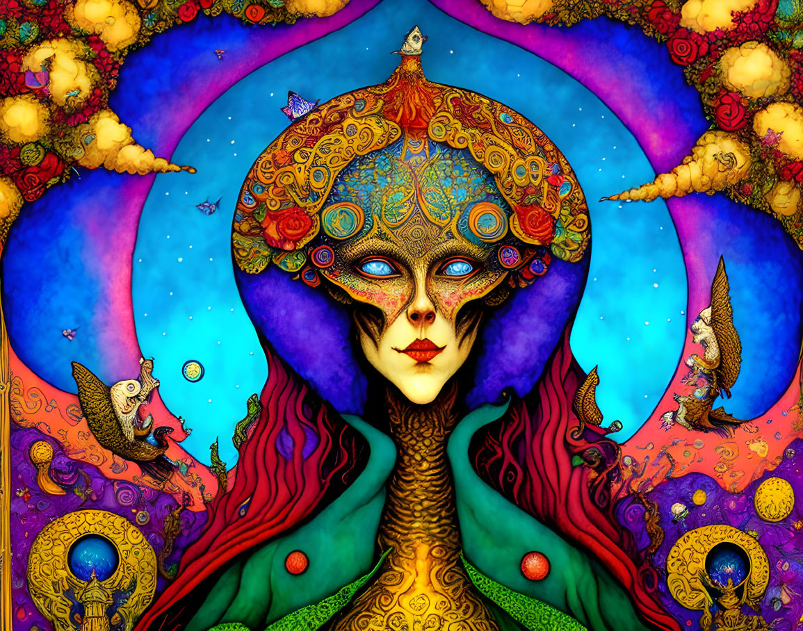 Colorful Psychedelic Masked Figure with Peacock Motif surrounded by Birds