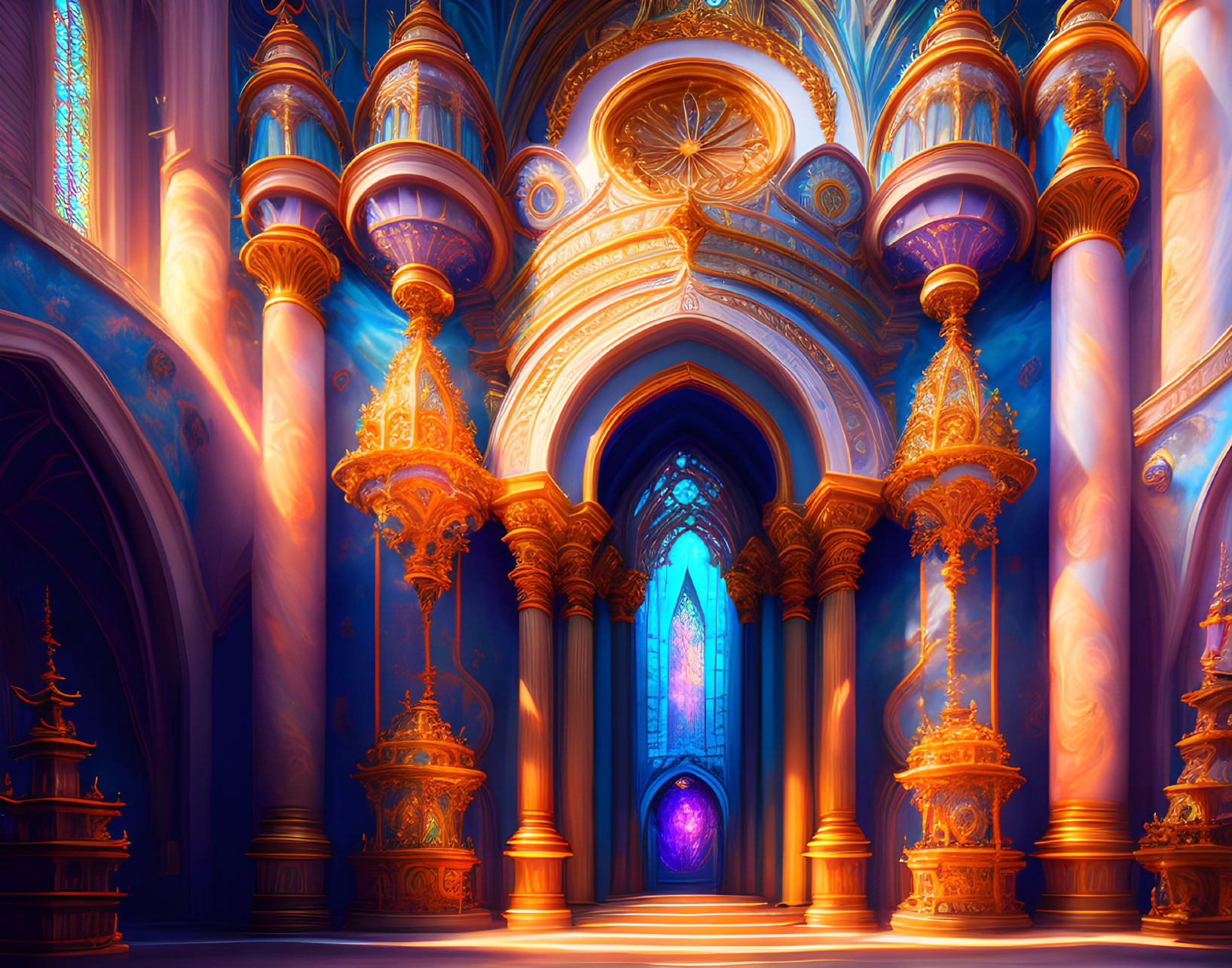 Intricate Fantasy Cathedral Interior with Blue and Orange Hues