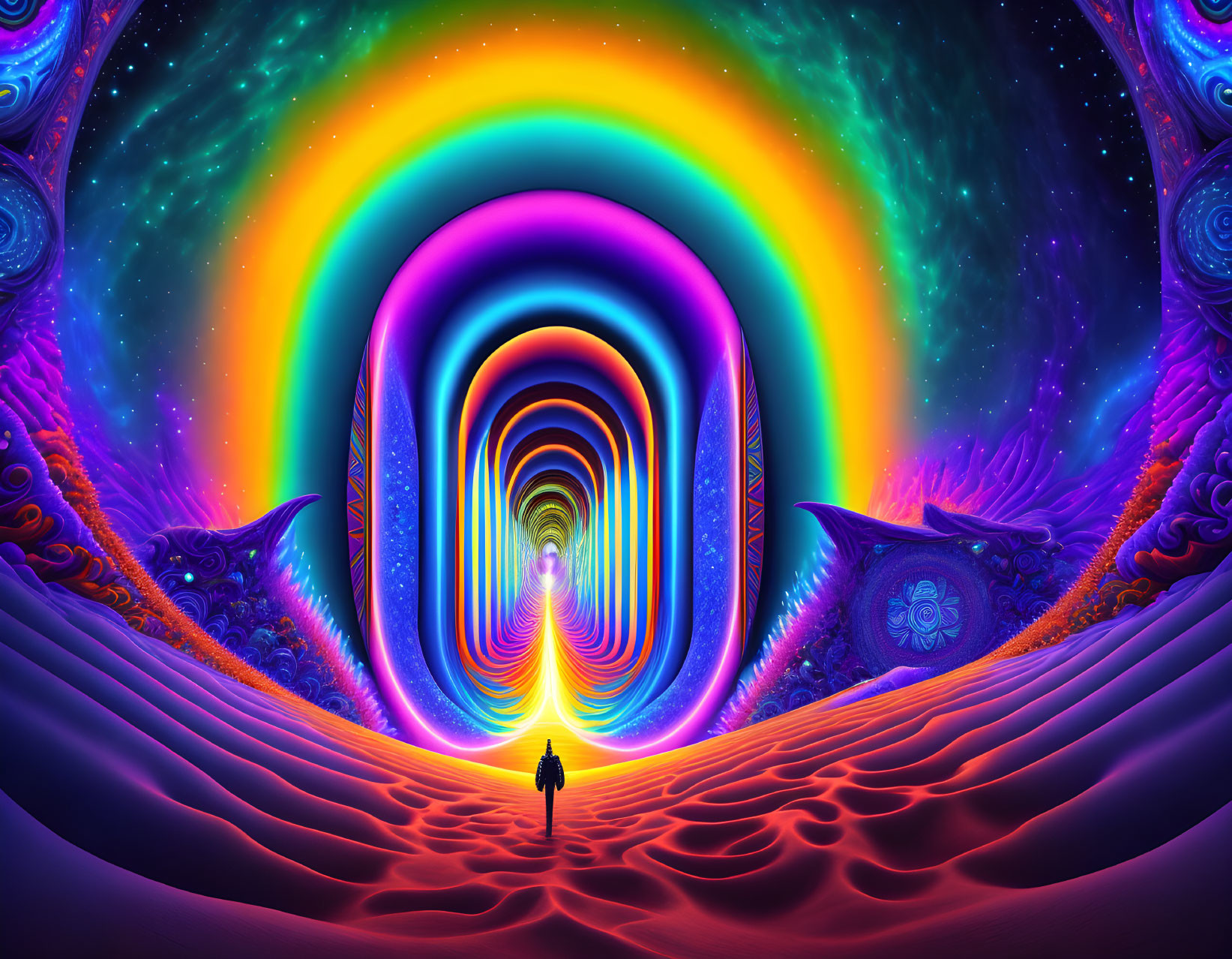 Colorful Psychedelic Tunnel with Concentric Arches Leading into Infinity