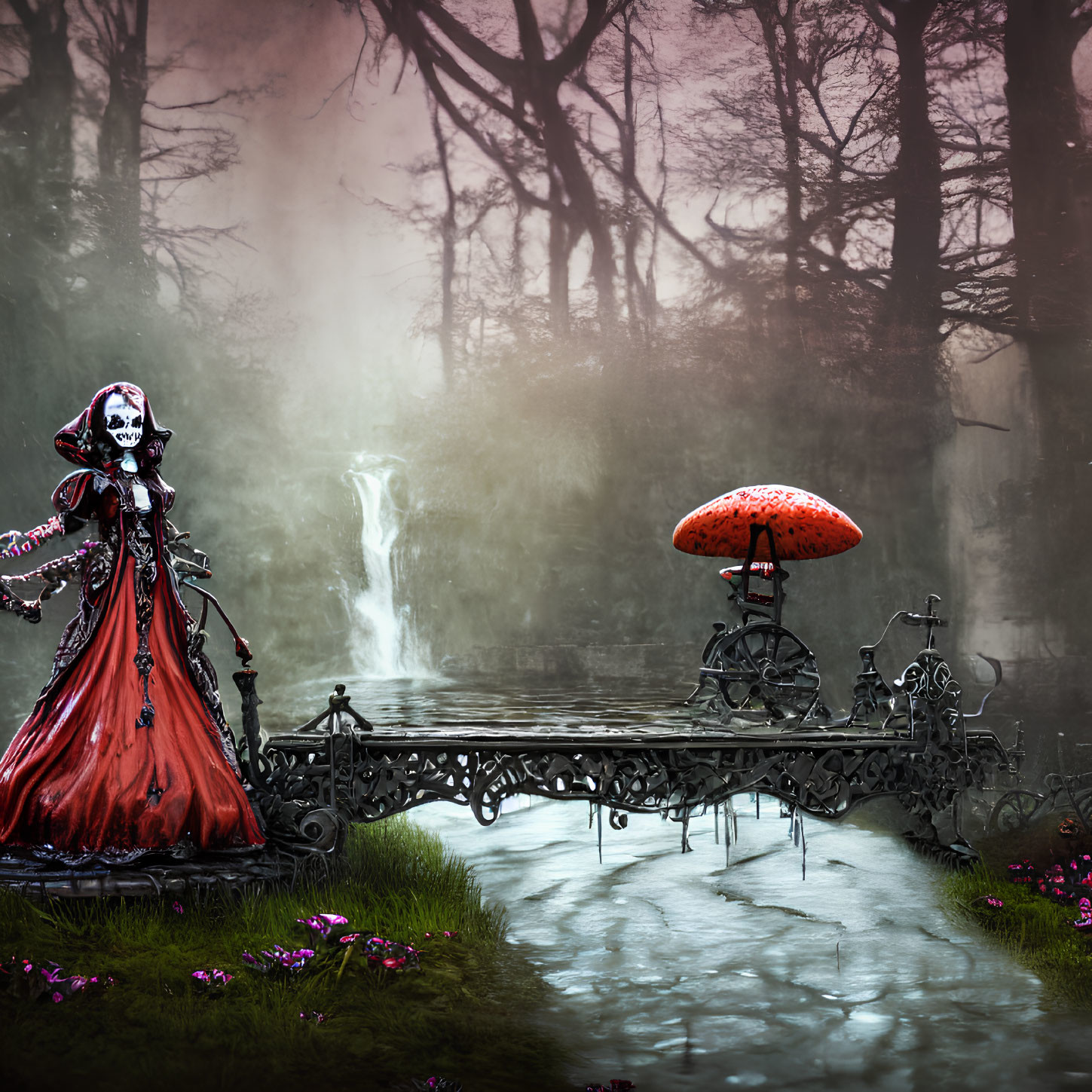 Person in Red Cloak and Skull Mask by Forest Waterfall with Giant Red Mushroom and Bicycle