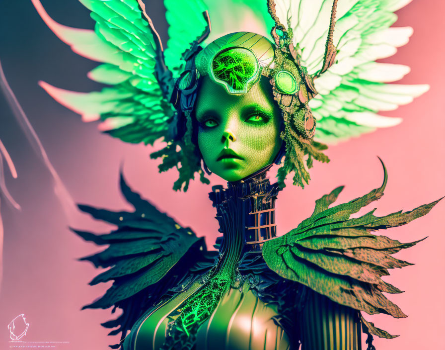 Green-skinned humanoid with mechanical parts, feathered wings, and transparent head.